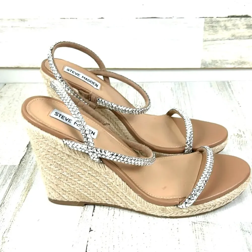 Steve Madden Womens 9.5 Rhinestone Strappy Espadrille Platform Wedge Sandals NEW